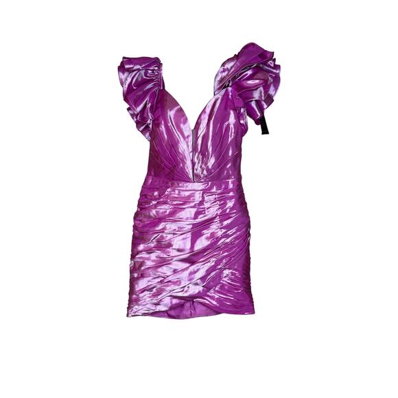 Mac Duggal NWT Mesh Deep V-Neck Ruched Mini Dress in Candy Pink Size 2 - Picture 1 of 8